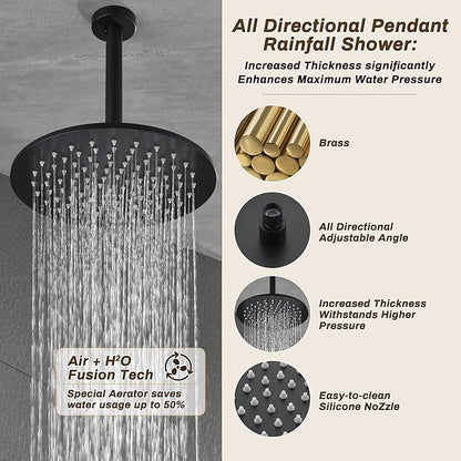 Rain Shower System Matte Black - 3-Function Shower Set, Ceiling & Wall Mount Combo with High-Pressure 2-in-1 Handheld, 30-Minute Easy DIY Install
