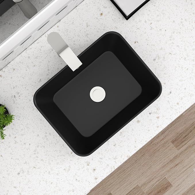 Dcolora Black Vessel Sink Rectangle 16"x12" Matte Black Bathroom Vessel Sink Rectangular Above Counter Ceramic Porcelain Lavatory Vanity Sink Bowl Basin