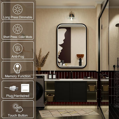 16"x24" Black LED Bathroom Mirror with 3000K/4500K/6000K Lights | Anti-Fog, Stepless Dimmable, Memory Function, Wall Mounted Aluminum Frame Lighted Bathroom Vanity Mirror, ETL Listed