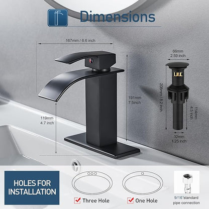 Black Bathroom Faucet Waterfall Single Handle Bathroom Sink Faucet with Pop-up Drain, Bathroom Faucet One Hole or 3 Hole with Deck Plate