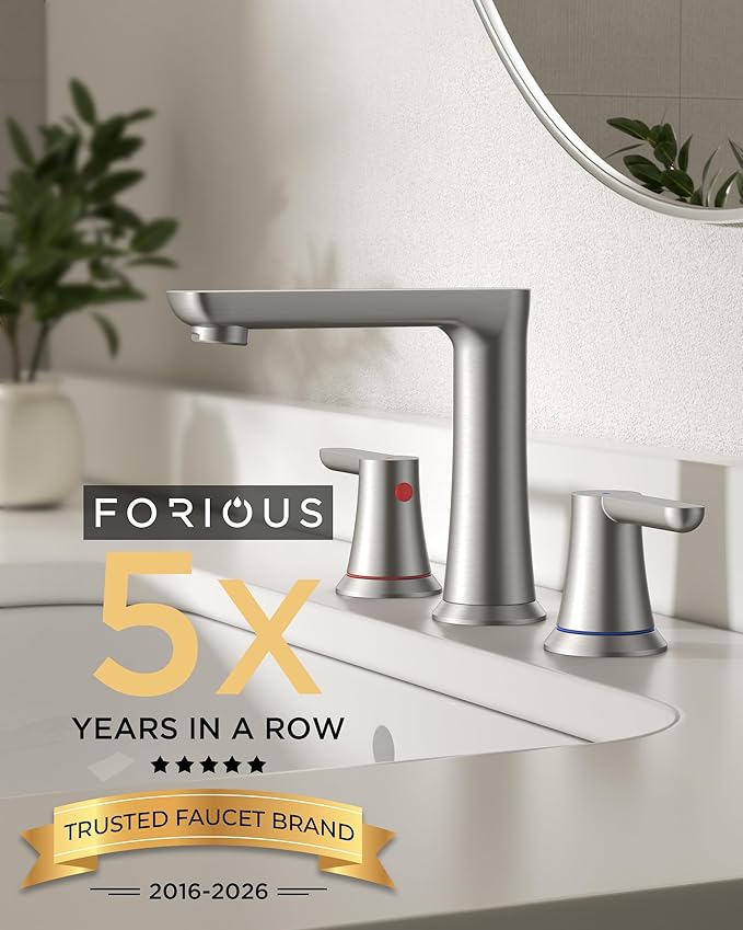 FORIOUS Brushed Nickel Bathroom Faucets 3 Hole, 2 Handle 8 in Widespread Bathroom Faucet Brushed Nickel with Metal Drain, Supply Hose, Water Saving Aerator, for Vanity Sinks, Commercial Sinks