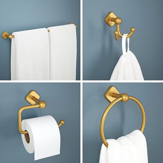 Franklin Brass Gainesville 4-Piece Bathroom Set Satin Gold 18" + 6" Towel Rack, Toilet Paper Holder, Hand Towel Holder, Hook | 4-Piece Bath Hardware Accessories Set GNV64-SG