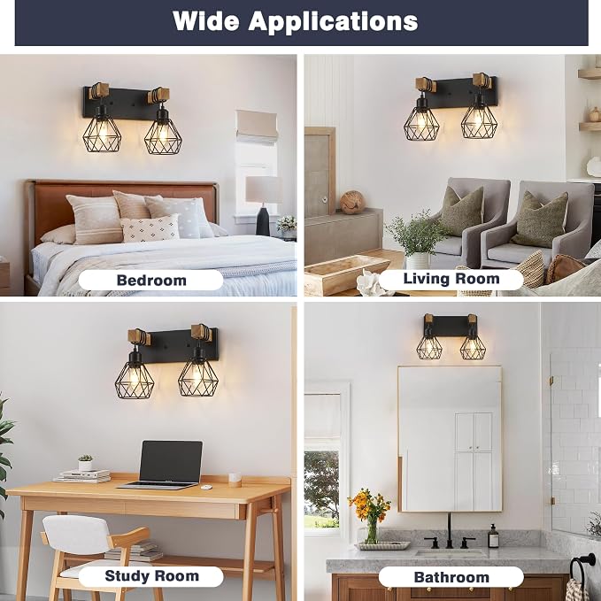 maesta 3 Light Bathroom Vanity Light, Farmhouse Black Fixture Over Mirror | Farmhouse Bathroom Light Fixtures, Wood & Metal, Anti-Rust, Easy to Install for Rustic Bathroom Hallway