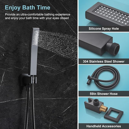 10 Inch Shower Faucet Set, Wall-Mounted Rainfall Shower System with High Pressure Handheld Shower Head, Bathroom Mixer Shower Set Wall Mounted Rough-in Valve and Trim Kit, Matte Black