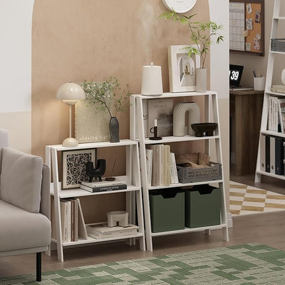 Furinno Ladder Book Shelf, 3-Tier Ladder Shelf, Open Design Bookshelf, Display Storage Bookcase, 9.3" x 23.6" x 27", Living Room, Home Office, White