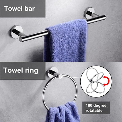 6 Pieces Polished Chrome Bathroom Hardware Accessories Set Hand Towel Ring 16&23.6 inch Round Towel Bar Toilet Paper Holder Towel Hooks 2 Pieces SUS 304 Stainless Steel,Heavy Duty,Wall Mounted
