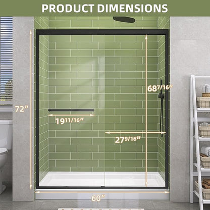 GETPRO Shower Door Double Sliding 57-60 in. W x 72 in. H Semi-Frameless Bypasss Bathroom Glass Shower Sliding Doors,1/4 inch Clear Tempered Glass Door for Walk-in Shower Matte Black