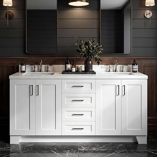 DKB Emilia 72 Inch Bathroom Vanity Double Sink — White Bathroom Vanity with Sink, 1.5" Edge Carrara White Quartz Countertop & Backsplash, 4 Soft-Close Doors, and 6 Dovetail Drawers