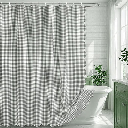 HunnmingRe Scalloped Gingham Shower Curtain Sage Green | 72'' x 72'' Vintage Farmhouse Curtain, Cotton Cottage Core Rural Checkered Plaid Decor, Fall Shower Curtain for Bathroom