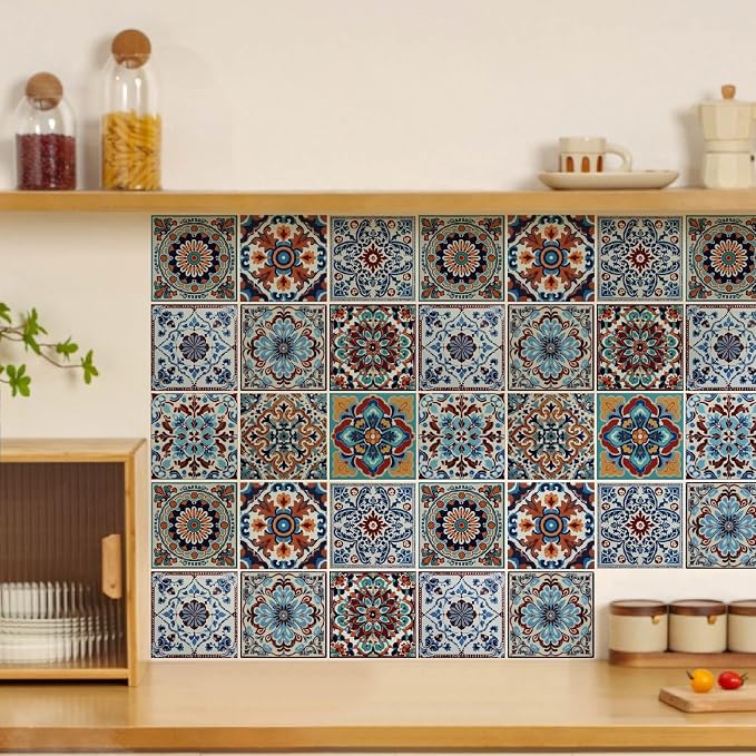 36Pcs 9 Styles Mexican Peel and Stick Tiles 4 x 4 Inch Colorful Tile Stickers Square Flower Pattern Waterproof PVC Decals for Kitchen Bathroom Backsplash Furniture Staircase DIY Home Decor