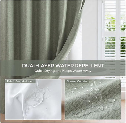 River Dream Linen Textured No Hooks Shower Curtain with Liner,Green,71x74 | with Snap-in Liner,Heavy Duty Fabric,Quick Dry,Bottom Magnets,Water-Repellent,Washable,Farmhouse Bathroom Set