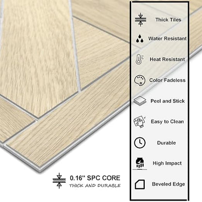 12-Pack Peel and Stick Floor Tile, 12" x 12" Pinwheel SPC Self-Adhesive Luxury Vinyl Flooring, Wood-Look Groutable Backsplash Tile for Kitchen Bathroom, Natural Oak, Covers 12 Sq. Ft.