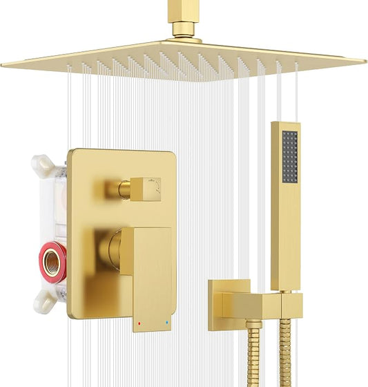 ESNBIA Gold Shower Head System, All Metal 12 Inches Ceiling Shower Faucet Set with Valve, Rain Shower Head with Handheld Spray Combo, Brushed Gold