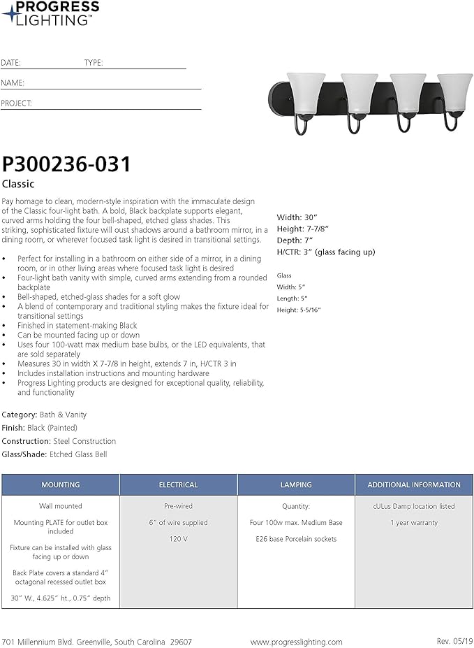 Progress Lighting Classic Collection 4-Light Etched Glass Traditional Bath Vanity Light Matte Black, 7-7/8" x 30"