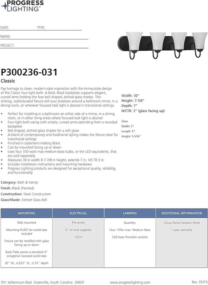 Progress Lighting Classic Collection 4-Light Etched Glass Traditional Bath Vanity Light Matte Black, 7-7/8" x 30"
