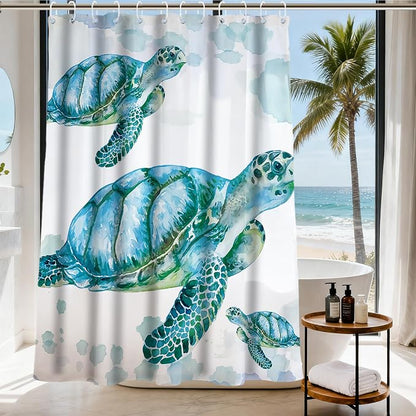 Cute Modern Ocean Shower Curtain, Beach Coastal Nautical Sea Turtle Shower Curtains for Bathroom, Waterproof Bath Curtain with Hooks Machine Washable Bathtub Curtains 72x72 Inch Blue Green