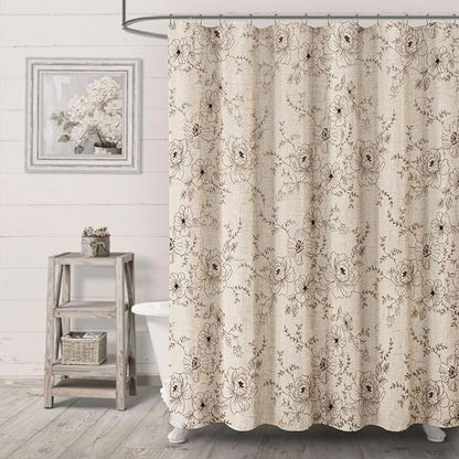 Farmhouse Floral Linen Shower Curtain, Vintage Brown Embroidered Pattern Rustic Shower Curtains for Bathroom, Tan Taupe,72x72