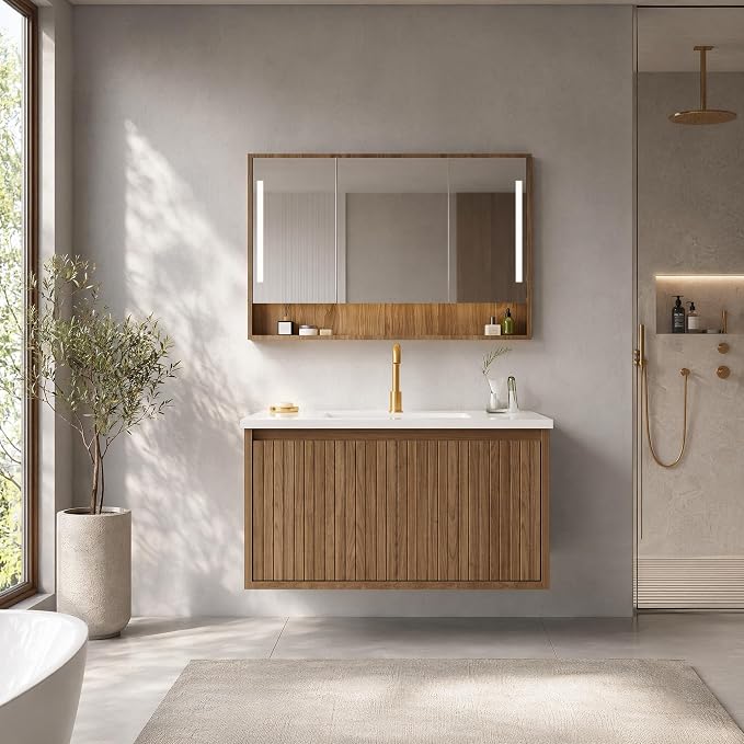 30 Inch Floating Bathroom Vanity with Ceramic Sink, Modern Striped Wall Mount Vanity Cabinet with Compartmentalized Storage Drawer, Walnut