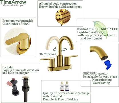 Brushed Gold 2 Handle Centerset Bathroom Sink Faucet with Drain Assembly, High Arc Modern 4 Inch Bathroom Vanity Lavatory Faucet 3 Holes with Brass 360° Swivel Spout, TAF067E-PB