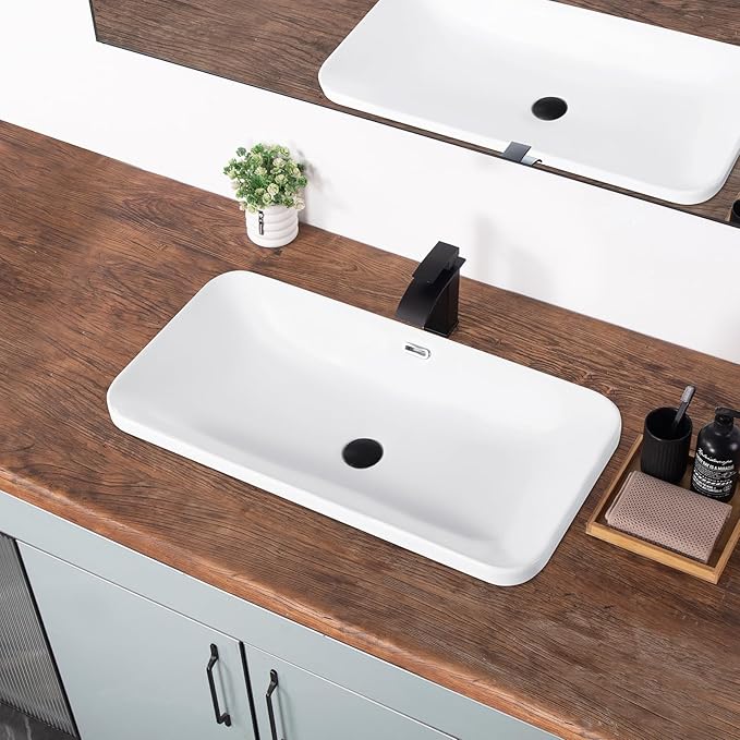 Bathroom Vessel Sink 31.5" X 16.5" Semi Recessed Bathroom Sink Rectangular Drop In Bathroom Sinks with Overflow White Ceramic Vessel Sinks for Bathroom Modern Above Counter Basin Vanity Sink