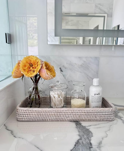 KOUBOO Rattan Vanity Tray Perfume Makeup Bathroom Organizer White Wash | Handwoven natural texture, slim rectangular profile, lightweight design, keeps countertop essentials neatly arranged