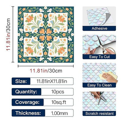 Teal Orange Floral Peel and Stick Floor Tiles 12x12 Inch 10PCS | Teal orange cream floral geometric pattern vinyl floor stickers for kitchen bathroom entryway and indoor home decor