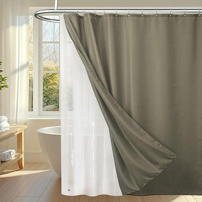3 in 1 Shower Curtain Set, Khaki Shower Curtain and Liner Set with 12 Double Sided Shower Curtain Hooks, Cloth Shower Curtains for Bathroom,Waterproof, 72" W*72" H