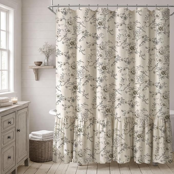 Floral Farmhouse Shower Curtain with Ruffle Hem for Bathroom | Vintage Classy Country Style, Rustic Natural Linen Blend Fabric, 72" x 72"
