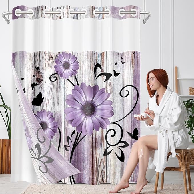 No Hook Shower Curtain with Snap in Liner 71x74 Inch Purple Daisy | Farmhouse Flower Rustic Modern Double Layers Waterproof Fabric with See Through Top Window Open Grommet Bath Curtain