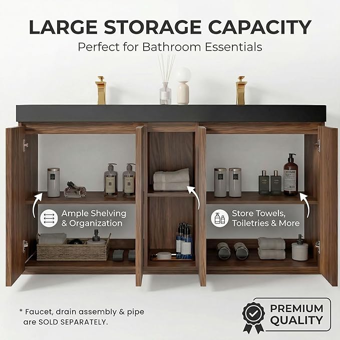 60" Double Bathroom Vanity with Sink Combo, Mid Century Modern Bathroom Cabinet with Doors & Shelves, Matte Black Integrated Sink with Overflow, Walnut