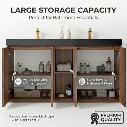 60" Double Bathroom Vanity with Sink Combo, Mid Century Modern Bathroom Cabinet with Doors & Shelves, Matte Black Integrated Sink with Overflow, Walnut