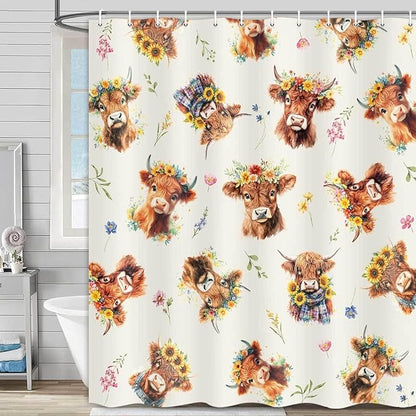Highland Cow Shower Curtain, Sunflower Floral Wreath Cow Print Farmhouse & Country Style Fun Shower Curtain for Bathroom, Fabric Polyester Bathroom Curtains Set with Hooks, 60X72inch.