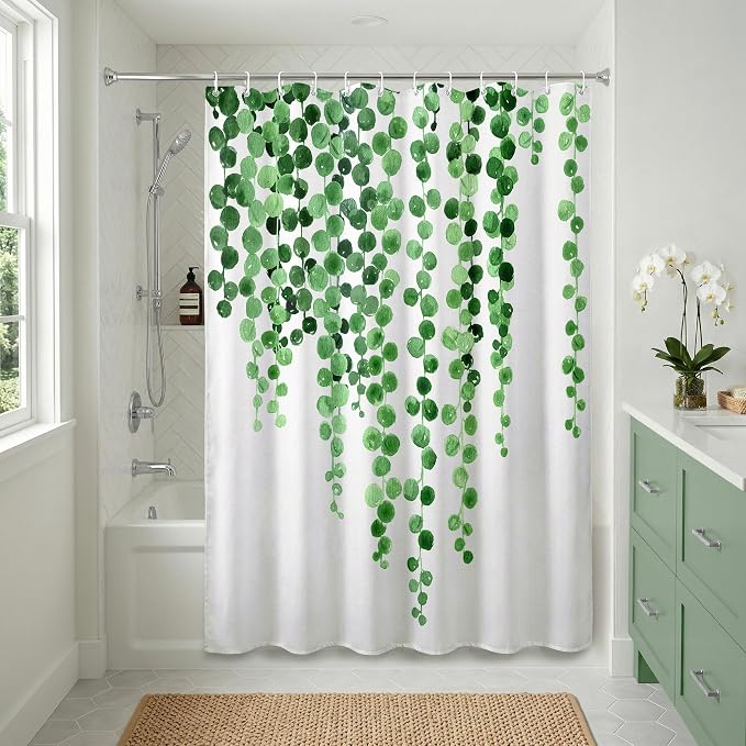 Americanflat 71x74 Botanical Shower Curtain - Water-Resistant Long Shower Curtain with Durable Metal Grommets and 12 Hooks - 100% Polyester - White and Green Bathroom Curtains