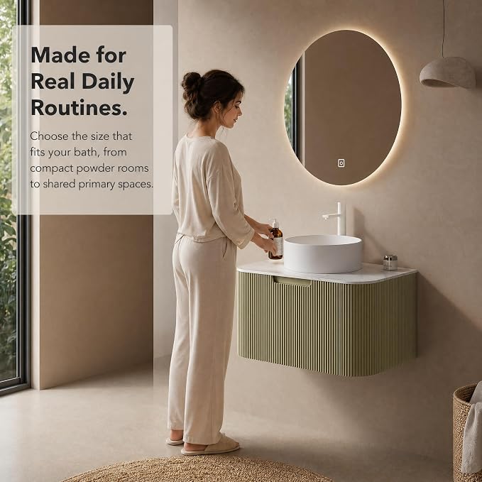 30 Inch Bathroom Vanity with Sink, Floating Wall Mounted Single Sink Vanity, Sage Green Curved Fluted Front, Stone Top, Pure White Round Vessel Basin, Pre-Assembled