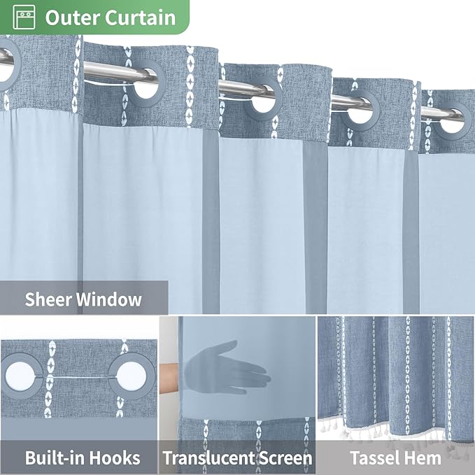 eachope No Hook Extra Long Shower Curtain Set with Snap-in Liner,Linen Textured Thick Striped Fabric with Tassels,Boho Chic Modern Farmhouse Bathroom Curtain,Water-Repellent,Blue,71x86 | 330GSM Thick Linen Textured Striped Fabric with Tassels,Snap-in L...