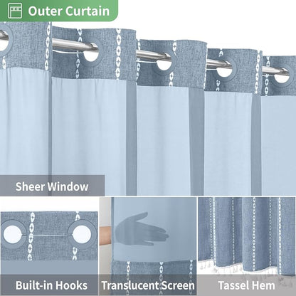 eachope No Hook Stall Shower Curtain with Snap-in Fabric Liner - 54x80 Heavy-Duty Linen Textured Striped Design,Narrow Rustic Modern Farmhouse Bohemian Bathroom Curtain,Water-Repellent,Blue | 330GSM Heavy-Duty Linen Textured Striped Design,Narrow Rusti...
