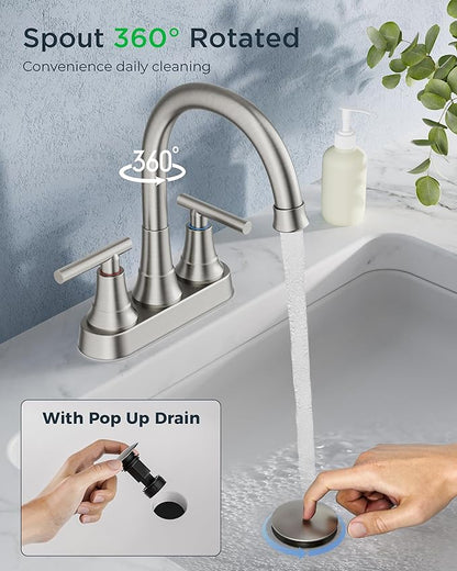 FORIOUS Bathroom Faucets Brushed Nickel, 4 Inch Centerset Bathroom Sink Faucet 2 or 3 Hole with Pop up Drain and cUPC Hose, Two Handles Control, 360° spout for Restroom,Vanity, Rv, 2 Pack