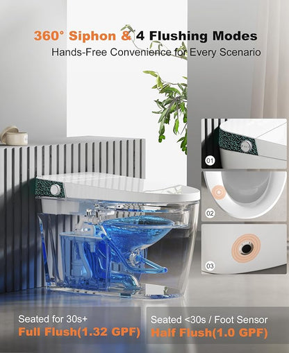 Smart Toilet with Bidet Built In, Auto Flush, ADA Comfort Height | Built-in tank supports 1000g MaP and outage flushing; Foam Shield, auto lid, heated seat, instant warm wash/dry add comfort.