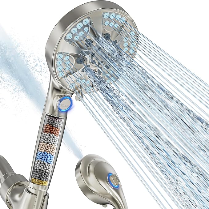 9 Settings Filtered Shower head with Handheld with Power Wash | Hard Water Softener,Remove Chlorine Power Wash for Tub&Tile,ON/OFF Button,6ft Hose&Bracket,Filtered Shower Head, Satin Nickel