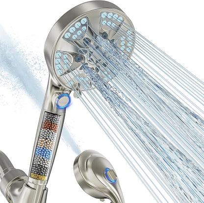 9 Settings Filtered Shower head with Handheld with Power Wash | Hard Water Softener,Remove Chlorine Power Wash for Tub&Tile,ON/OFF Button,6ft Hose&Bracket,Filtered Shower Head, Satin Nickel