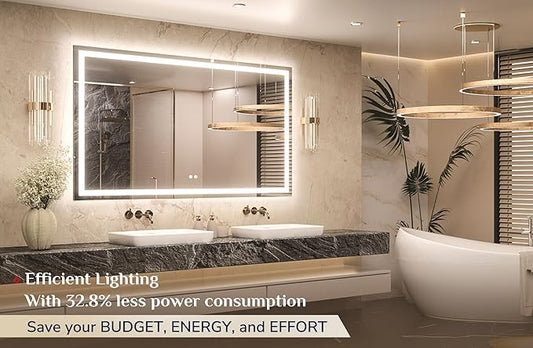 Keonjinn LED Bathroom Mirror with Light 60 x 36 Inch, Frontlit & Backlit Vanity Mirrors with 3 Color Lights, Large Stepless Dimmable Mirror with Anti-Fog, HD Tempered Glass, UL-Listed LED Driver