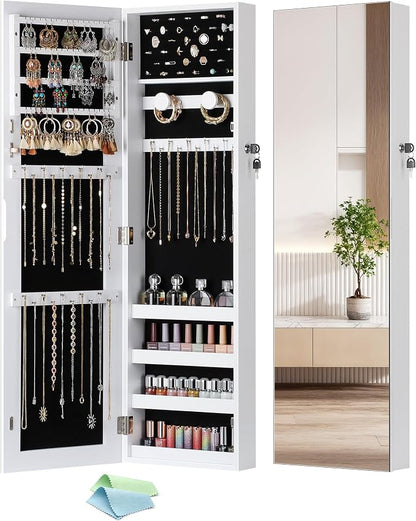 Nicetree Jewelry Cabinet Armoire, Hanging Jewelry Organizers and Storage, Lockable Jewelry Cabinet with Full-Length Mirror, Wall or Door Mount Jewelry Mirror Cabinet, Shelves, Polishing Cloth