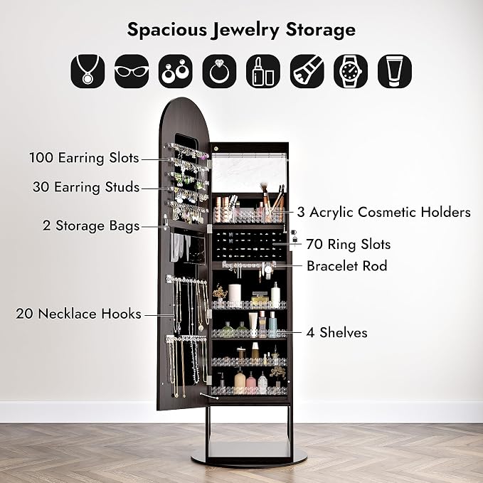 Zamilidon Full Length Mirror LED Lockable Black Standing Jewelry Armoire | Secure lock design, multi-layer jewelry compartment, soft dimmable lighting, space-saving floor layout
