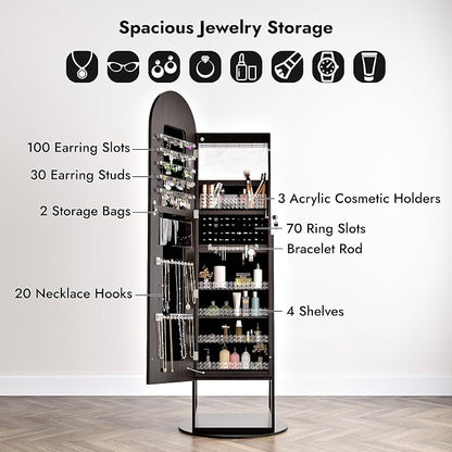 Zamilidon Full Length Mirror LED Lockable Black Standing Jewelry Armoire | Secure lock design, multi-layer jewelry compartment, soft dimmable lighting, space-saving floor layout