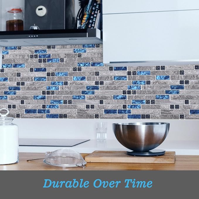 Art3d Grout Decorative Tile, Blue/Gray, Glass, for Kitchen Backsplash or Bathroom Backsplash (5 Pack)
