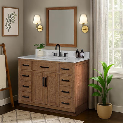 42-inch Dark Walnut Bathroom Vanity with Sink, Solid Wood, 0.79-inch Stone Countertop and Backsplash, 9 Drawers, 2 Soft Closing Doors