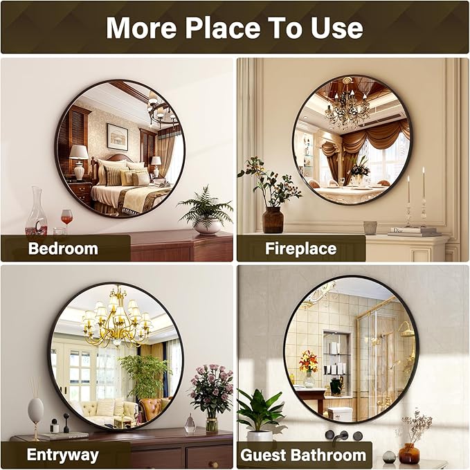 18-Inch Round Wall Mirror with Aluminum Alloy Metal Frame - Ideal for Entryway, Bathroom, Vanity, Living Room - Black Finish Circle Mirror for Stylish Home Decor