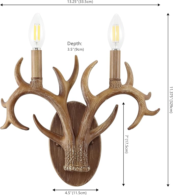 JONATHAN Y 13.25" Brown Wood Finish Faux Antler LED Vanity Light Set of 2, Rustic Wall Sconces for Bathroom Mirror Hallway, Southwestern Farmhouse Decor, LED Bulbs Included (JYL6308A)