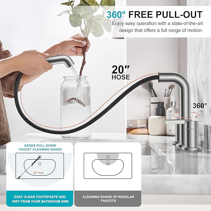 KENES Widespread Bathroom Faucet with Sprayer, Brushed Nickel Bathroom Sink Faucet with Pull Down Sprayer, 8 Inch 3 Hole Pull Out Bathroom Faucet with Pop Up Drain & Supply Lines LJ-9058A