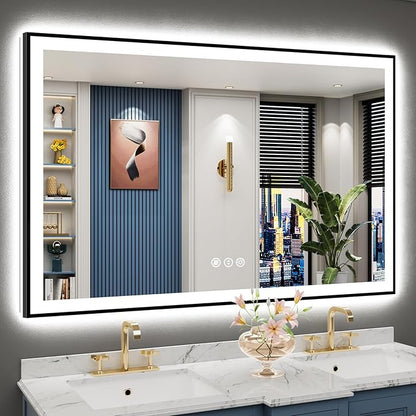 57x36 Black Framed LED Bathroom Mirror with Lights, Backlit and Front Lit Anti-Fog Lighted Vanity Mirrors for Bathroom Wall, Dimmable, 3 Colors, Memory, HD Tempered Glass, Horizontal/Vertical